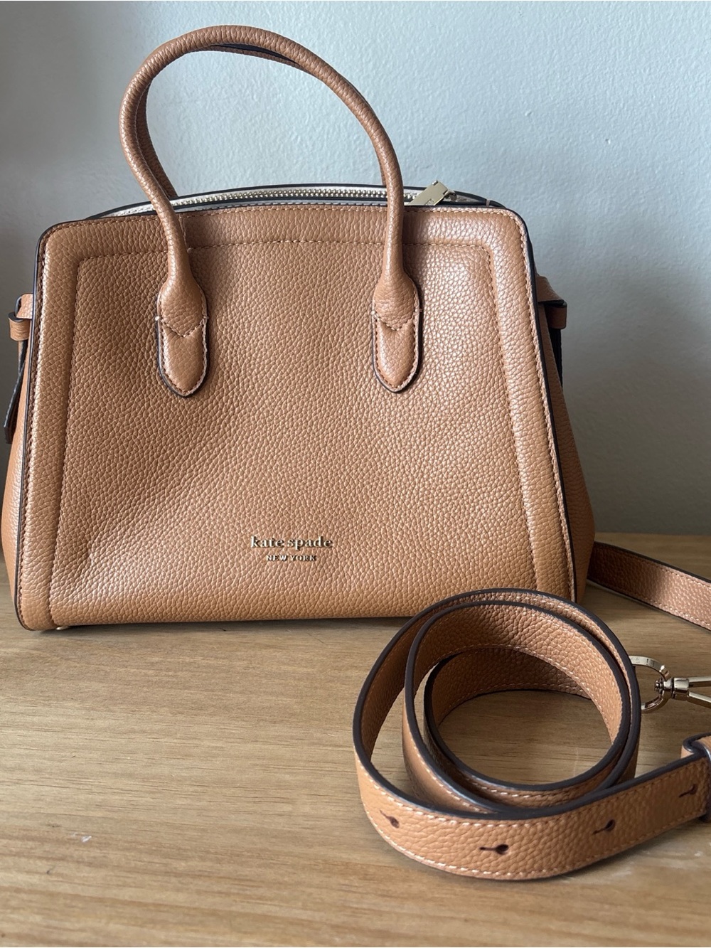 kate spade Tan Pebbled Leather Structured Satchel with Strap